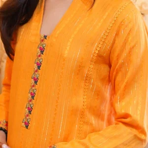 Vibrant Tangerine Jequard Silk Kurti Suit with Machine Embroidery